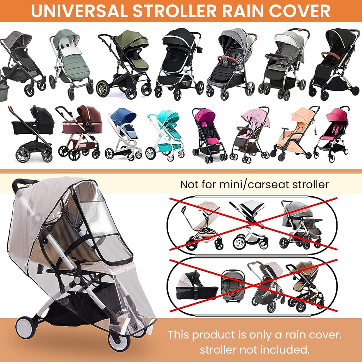 Universal Baby Stroller Rain Cover with Clear Zip Front and Waterproof Oxford Cloth | Foldable Dustproof Protection