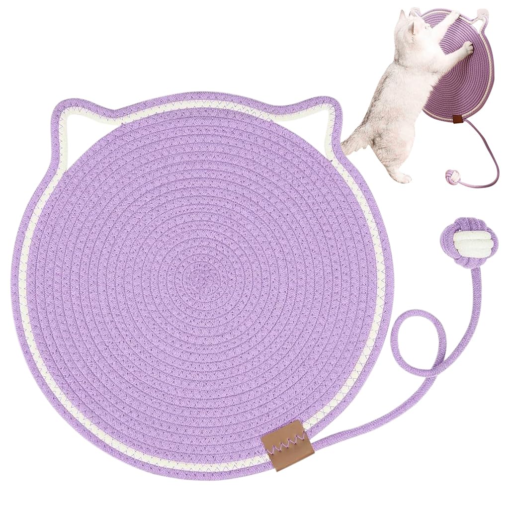 Qpets® Cat Scratcher Mat Cotton Rope Cat Toy Wall Hanging Cat Scratcher Mat 16.5 Inches Cat Ear Lovely Purple Cat Scratcher Mat