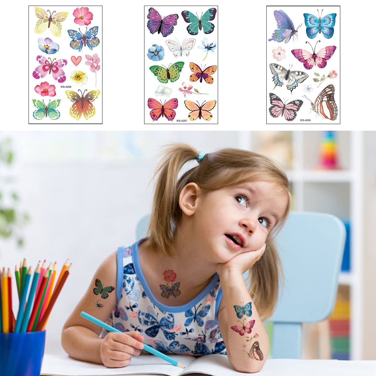 MAYCREATE® 10 Sheet Butterfly Tattoo Sticker, Temporary Sticker for Face Arm, Waterproof Temporary Tattoos for Birthday Parties, Group Activities, Party Tattoo Sticker