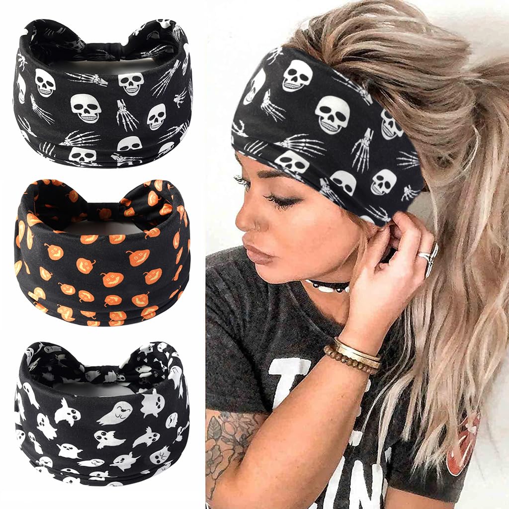MAYCREATE Hair Bands for Women featuring Stretchy Secure Fit and Soft Fabric | 3pcs Gothic Skull Halloween Headbands
