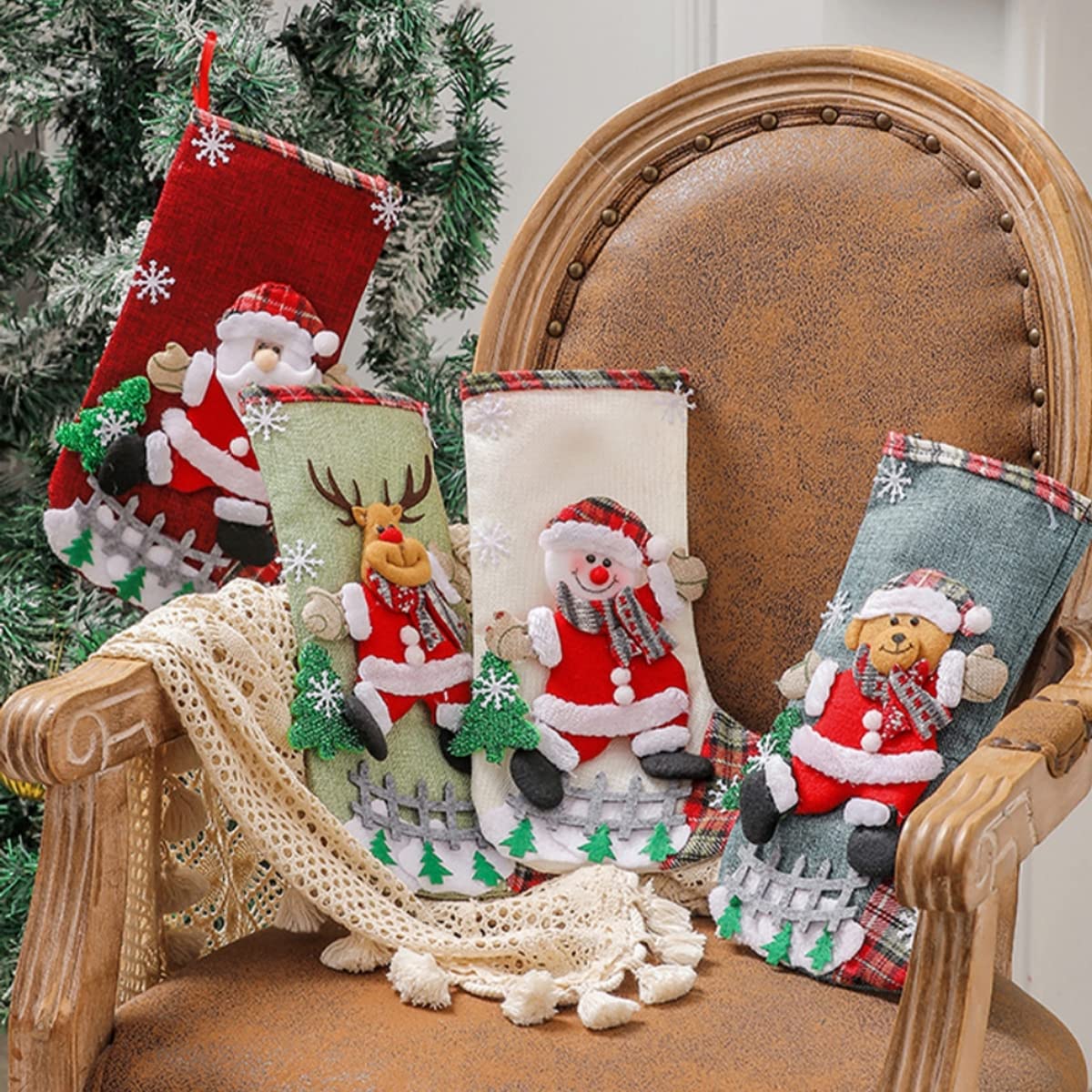 HASTHIP  Set of 4 Christmas Decorations Stocking, 10 inch Linen Christmas Gift Stocking, Hanging Christmas Stockings Set Christmas Stocking Christmas Stocking for Window, Christmas Socks