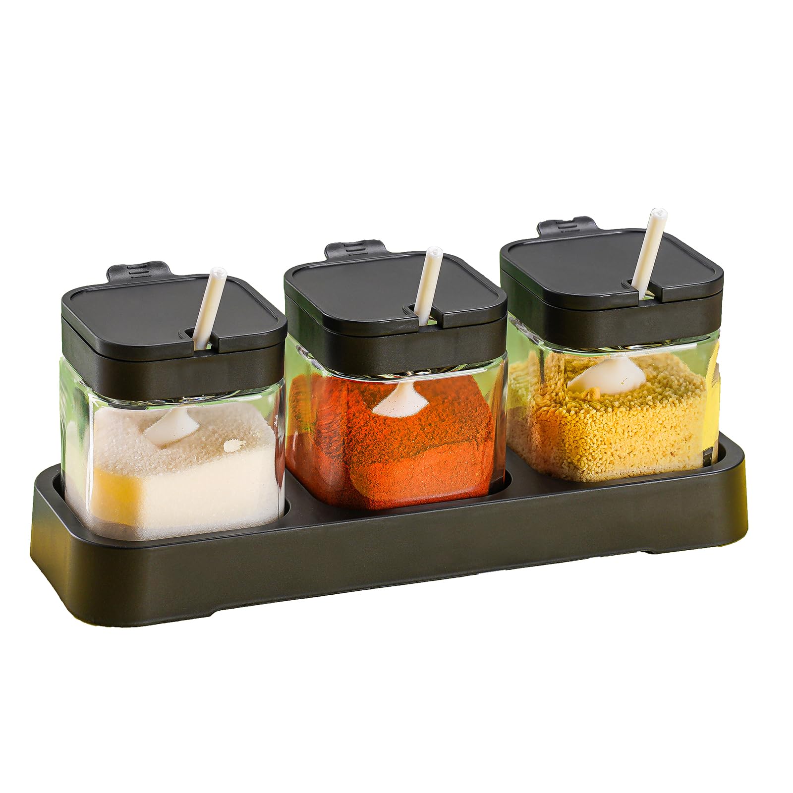 HASTHIP® 3-in-1 Glass Spice Jar Set with Handle & Base, 300ml Seasoning Containers with Lids & Spoons, Food-Grade Condiment Organizer for Kitchen Storage, Salt, Pepper, Sugar & Masala