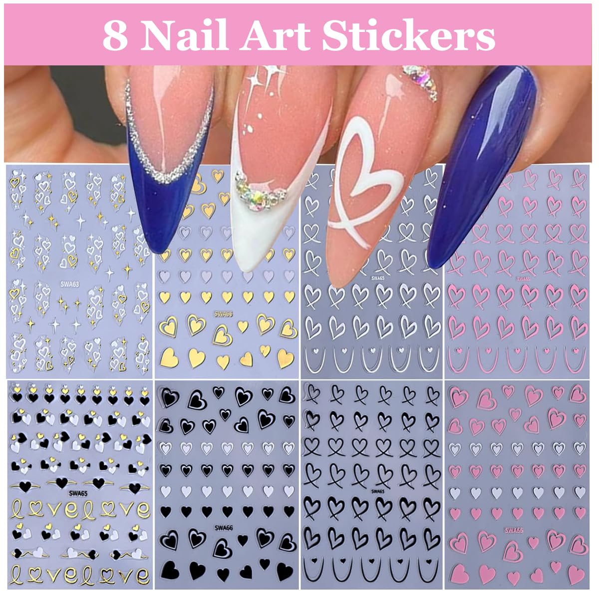 MAYCREATE Heart Nail Stickers for Women and Girls featuring 8 Sheets Graffiti Designs | Black White Pink Decals