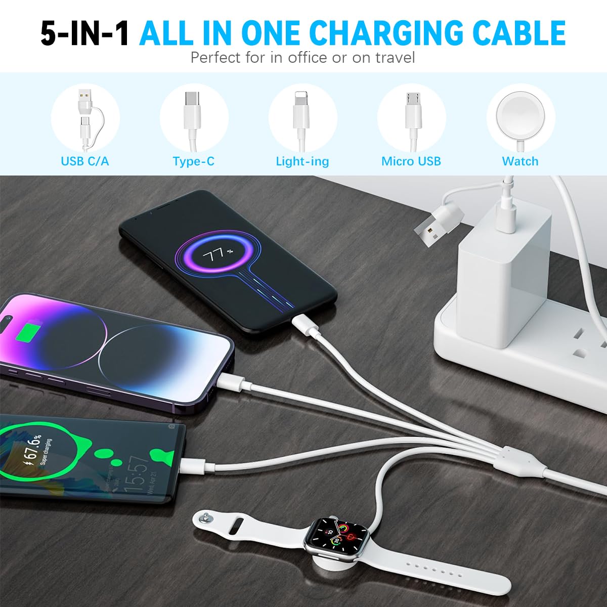 Verilux 4 in 2 Type C Charging Cable 1.2m with Magnetic Watch Charger for Galaxy | USB C to C and Lightning Compatibility