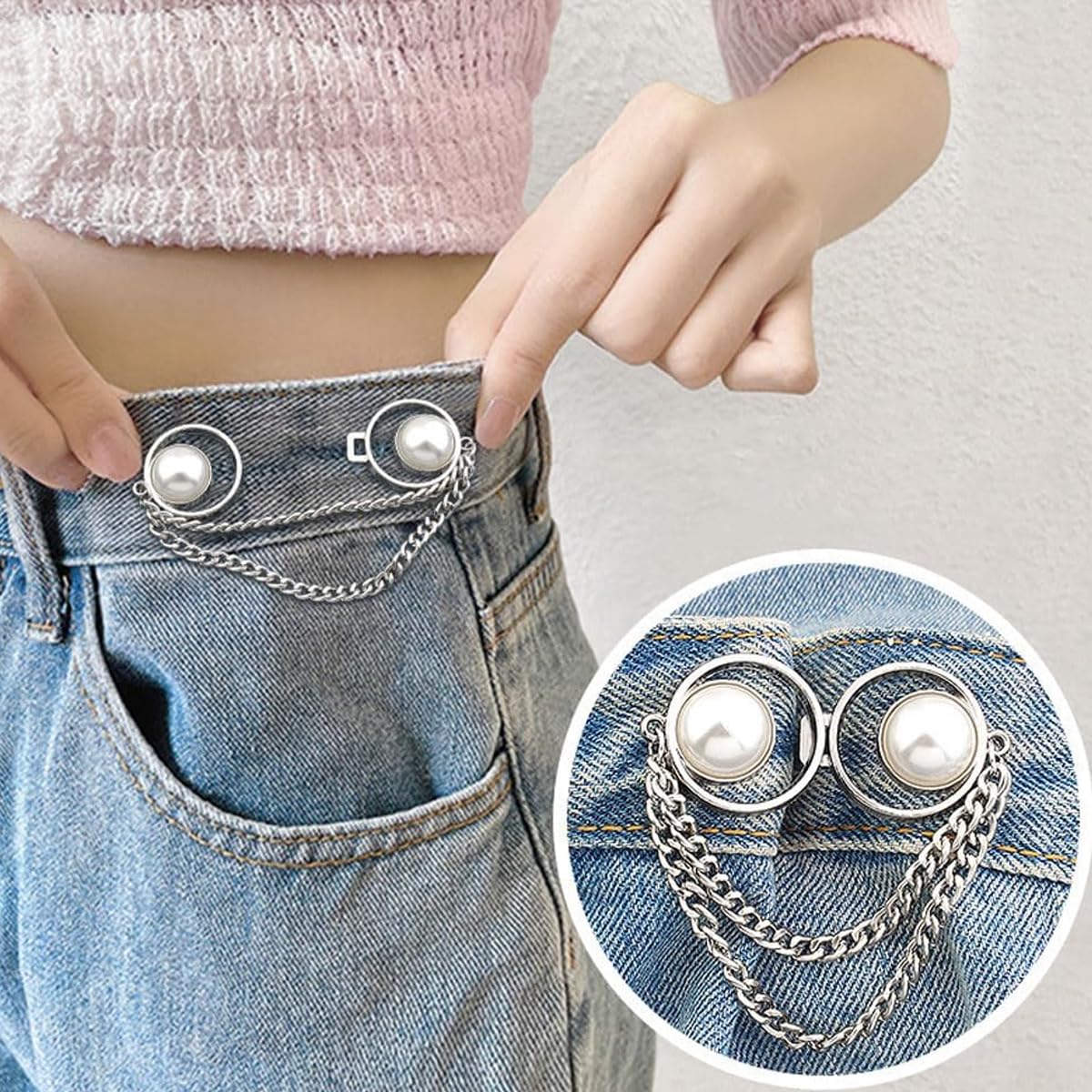 Venzina Adjustable Waist Buckle for Pants with Big Pearl Chain | 2 Pairs Detachable Pin Buttons