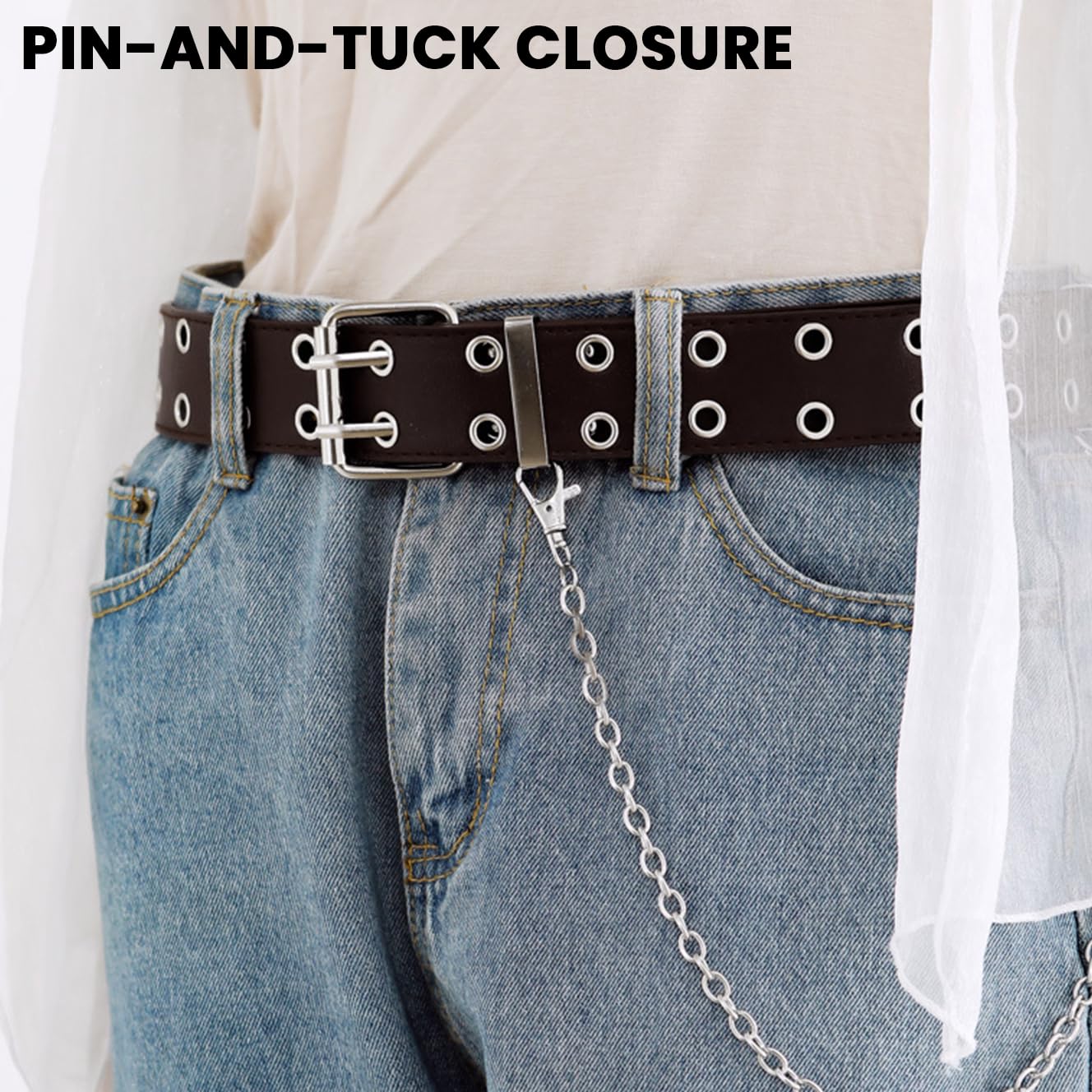 SANNIDHI Belt for Women Dresses with Dual Row Metal Eyelets and Chain Brown PU Leather | Fits Up to 110 cm