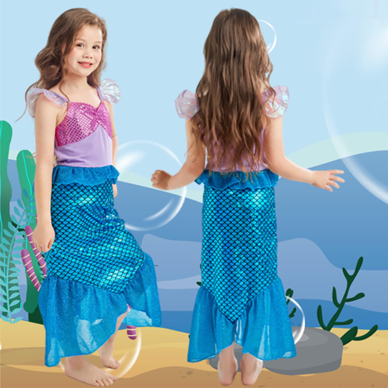 PATPAT Mermaid Dress for Girls with Matching Jewelry Set featuring Lace Tail Design | Navy and Purple Princess Outfit for 5–6 Years 85cm Length
