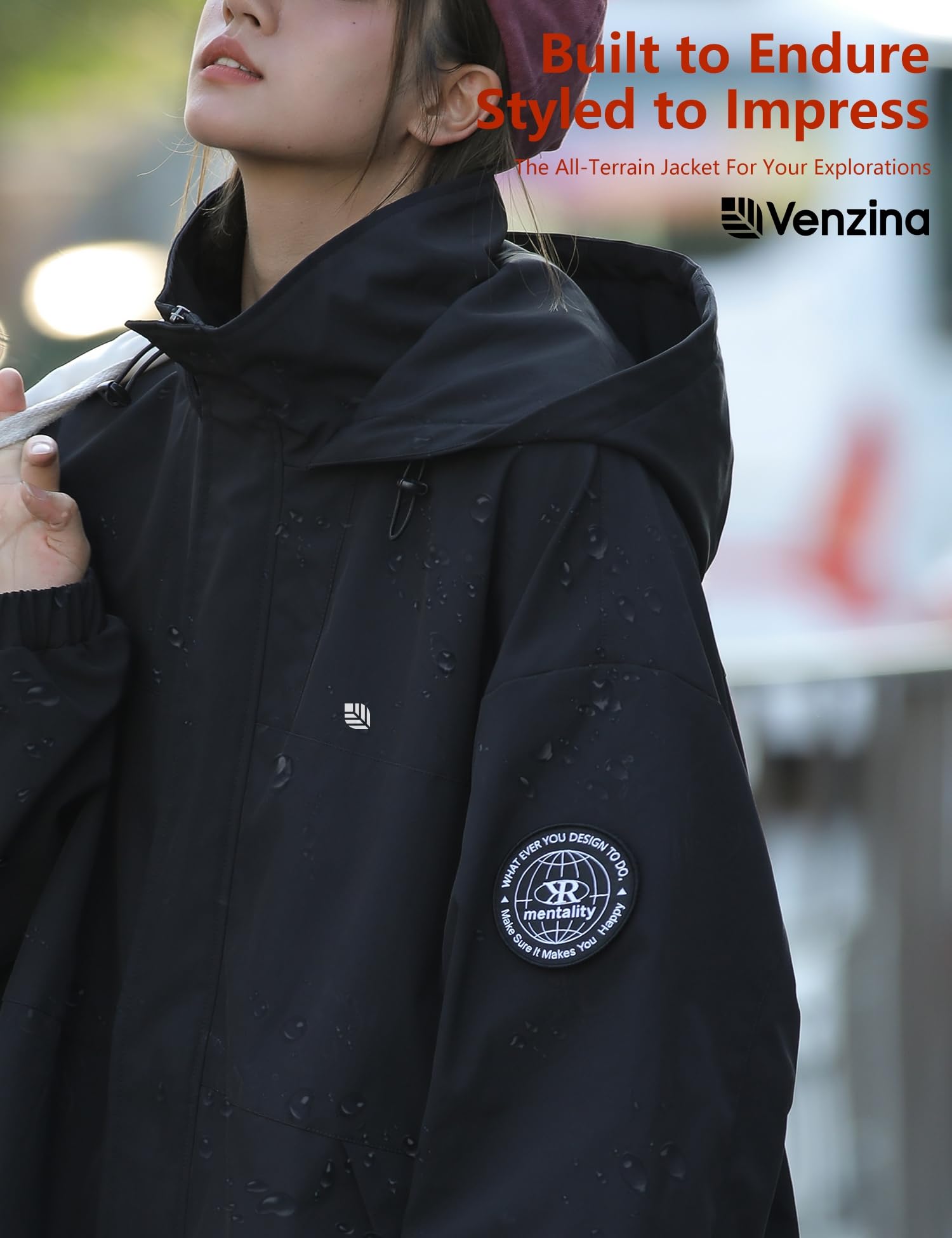 Venzina Women's Softshell Jacket for Hiking and Travel with Waterproof Fabric and DIY Patches | Black Outdoor Coat