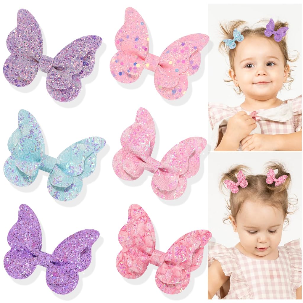 PALAY® Hair Clips for Girls Kids 6Pcs Set, Glitter Butterfly Baby Hair Clips, Color Sequin Hair Bows Barrettes Non-slip Hair Accessories for Baby Girls, Toddlers, Children