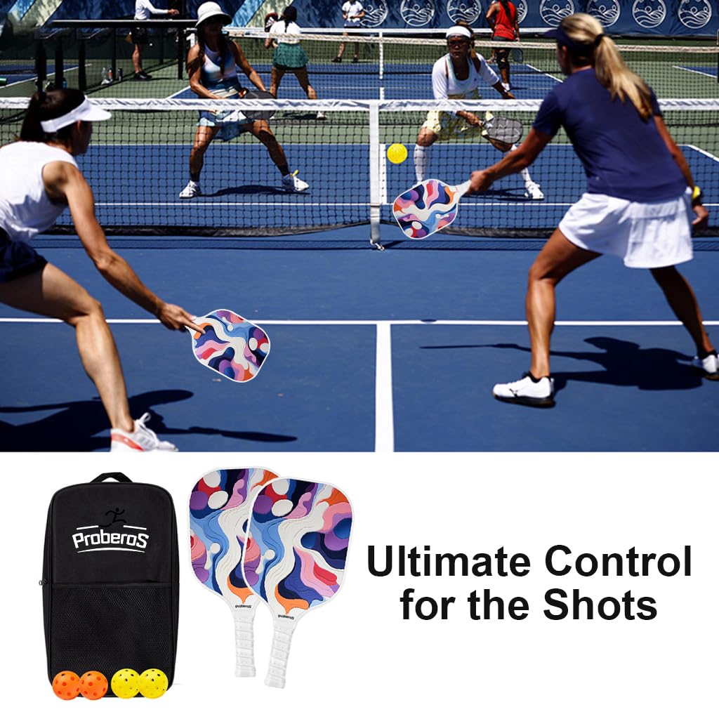 Proberos Pickleball Racket Set for Outdoor and Indoor Games with 4 Balls & Carry Bag featuring Fiberglass Honeycomb Paddles
