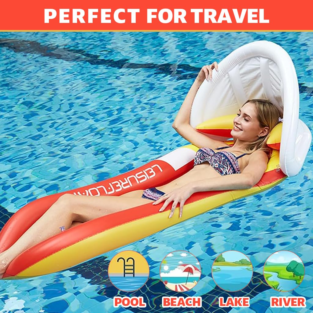 Proberos Inflatable Pool Lounger for Adults featuring Sun Visor and Headrest | 150x78cm PVC Floating Bed