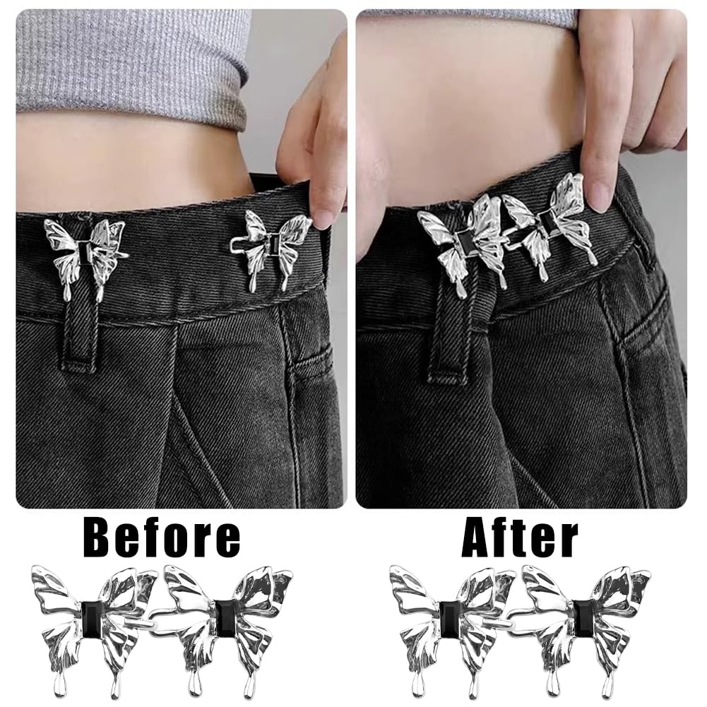 ZIBUYU 2 Sets  Jeans Tightening Clips, Buttons for Jeans, Alloy Butterfly Jeans Adjustable Button Pins Jean Buttons for Loose Jeans Pants Dress, No Sewing Required Detachable Jean Pin