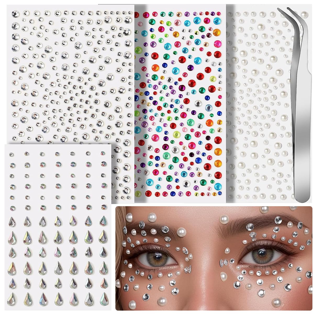 MAYCREATE Face Gems Rhinestones Stickers Kit for Makeup and DIY Crafts with Tweezer | 4 Sheet Self Adhesive Acrylic Jewels for Festival Nails Hair and Clothes