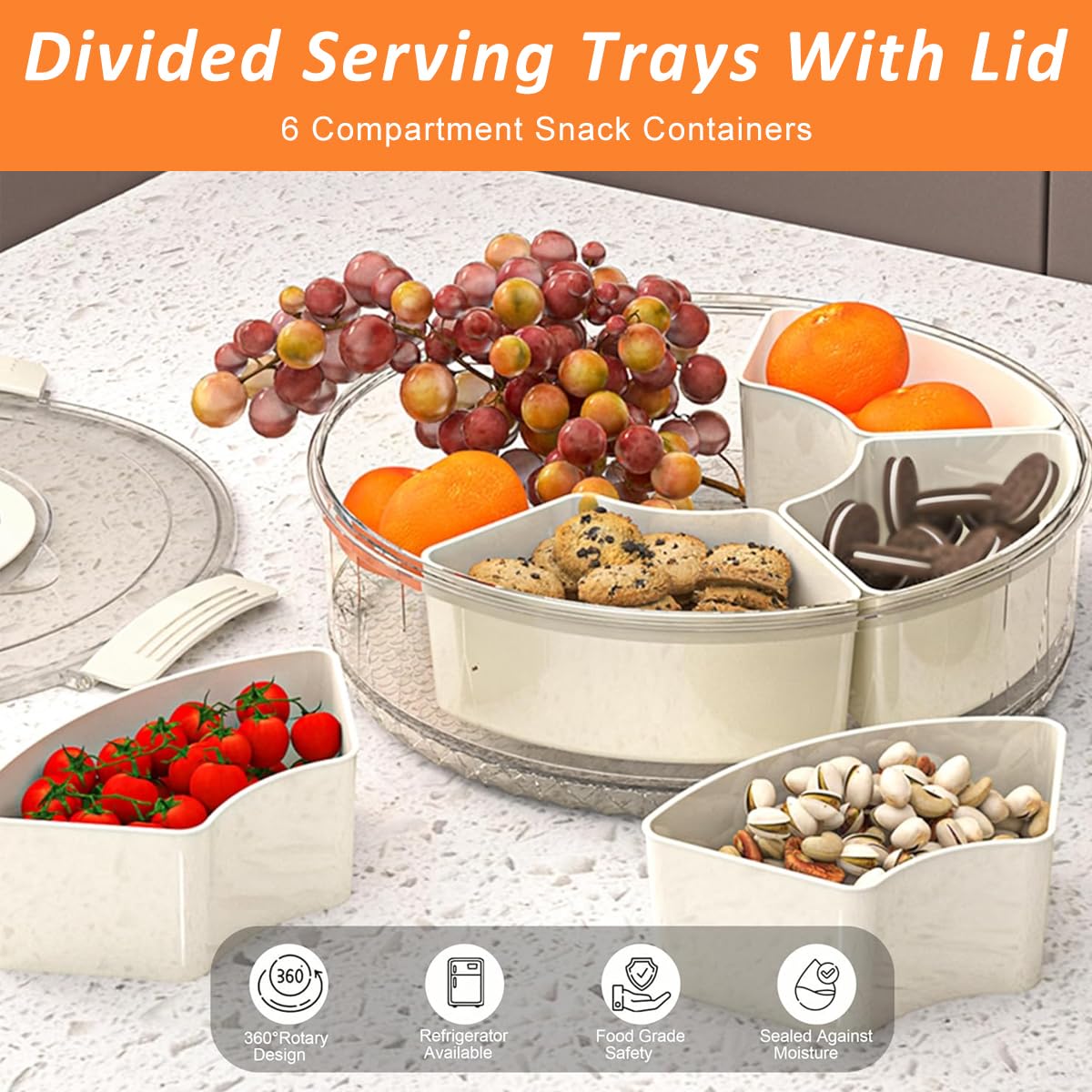 Supvox Snackle Box Container for Snacks and Fruits with 6 Compartments and Rotating Lid | Food Grade PET PP Serving Tray