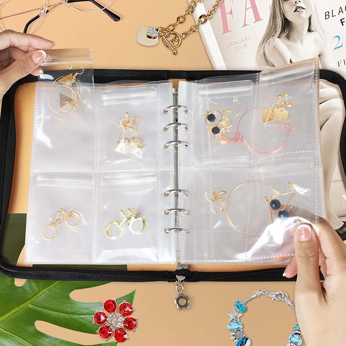 MAYCREATE Jewelry Organizer for Travel with 60 PVC Pouches and Zipper Binder | Transparent Storage Book