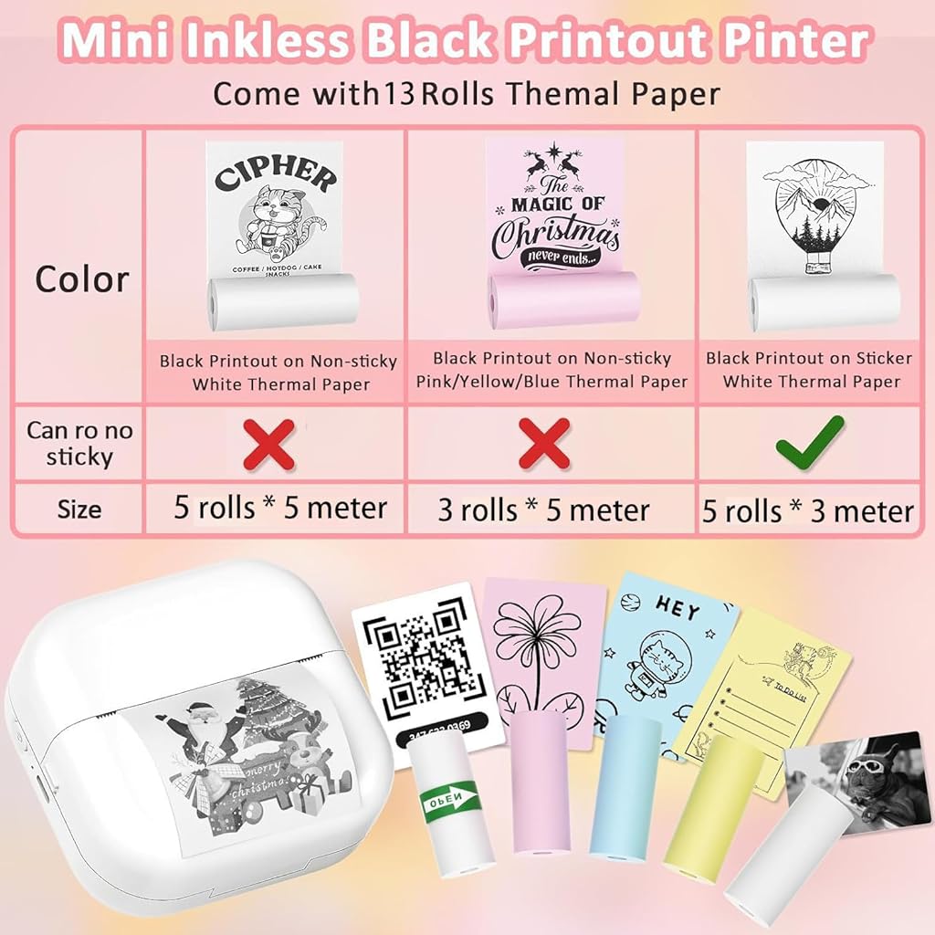 Zeitel® Portable Mini Bluetooth Thermal Printer for Android/iOS with 3 Rolls Colored Adhesive Paper, for Stickers, Notes, Labels, Journaling, Scrapbooking, DIY Crafts, Planners, Students