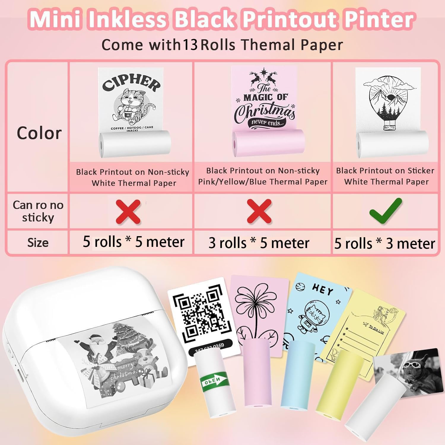 ZEITEL Portable Thermal Mini Printer for Mobile and Home Use with 200DPI Printing | Bluetooth Inkless Design for Students and Journaling