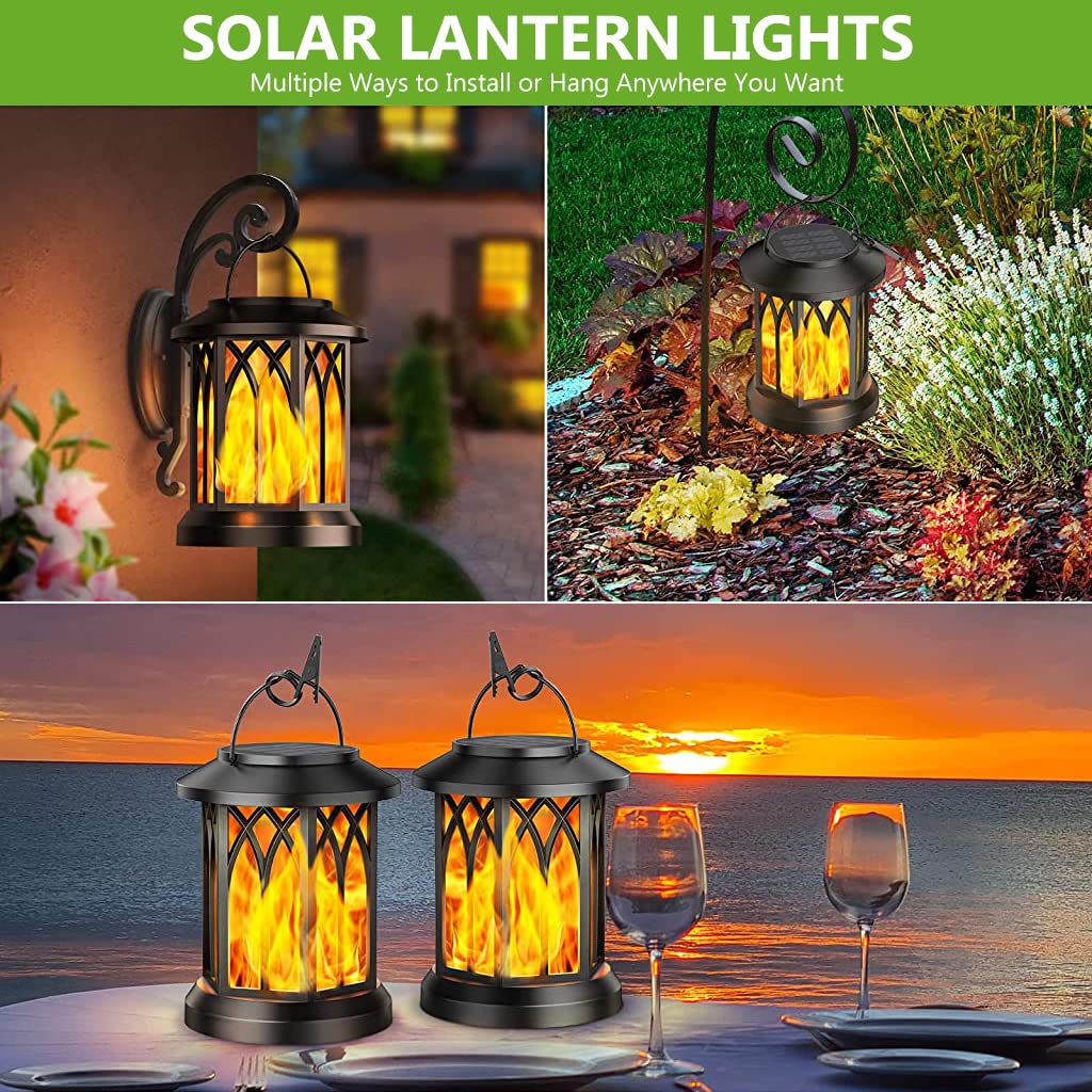 ELEPHANTBOAT® 2Pcs Solar Lantern Light, Solar Light Outdoor, Solar Garden Lights, Solar Metal Lantern Realistic Flickering Flame Lamp Camping Light with Handle & Clip Led Candle Lights