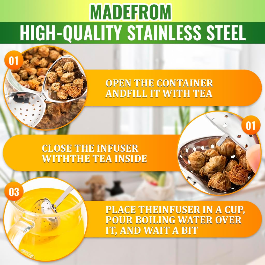 Supvox Tea Strainer Set for Loose Leaf Tea with Fine Mesh and Hooked Chain | 4Pcs Stainless Steel Heart Shape 4.3x4.7cm