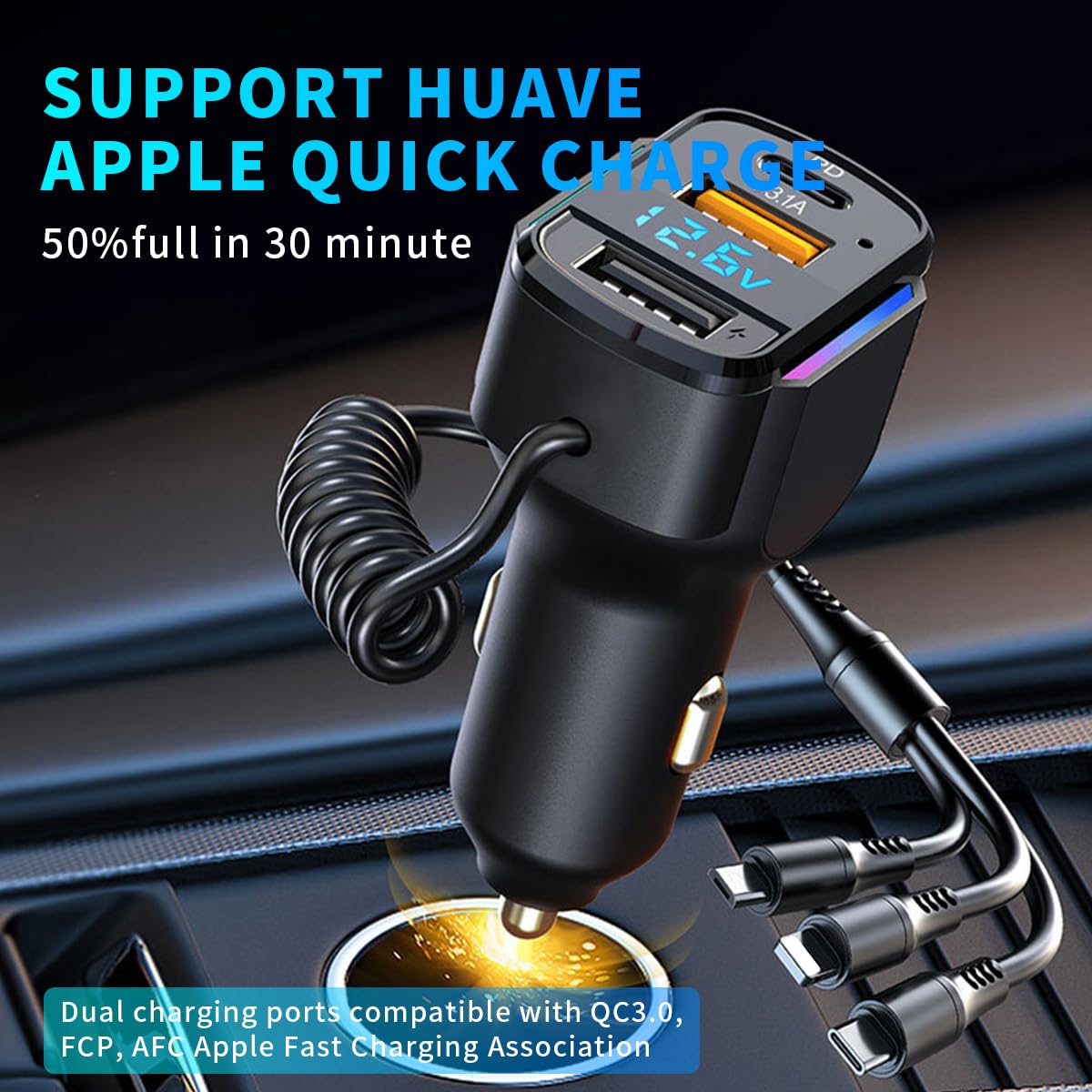 STHIRA Car Charger 6 in 1 Multi Port Fast Charger 65W with LCD Display and Coil Cord | USB C and USB A for 12V 24V Vehicles