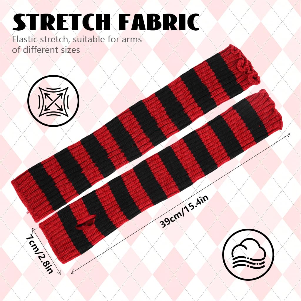 SANNIDHI Arm Warmers for Women with Thumb Hole featuring Red Black Striped Knit | Y2K Style and Warmth