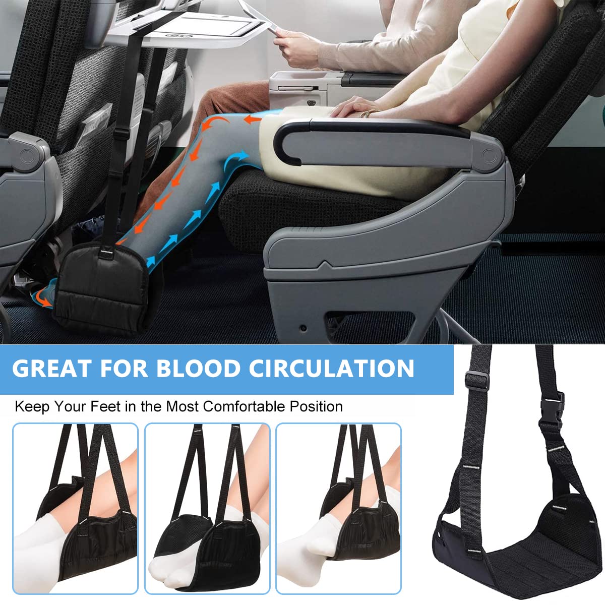 HASTHIP Airplane Footrest for Travel Comfort with Adjustable Straps and Storage Bag Black 2PCS