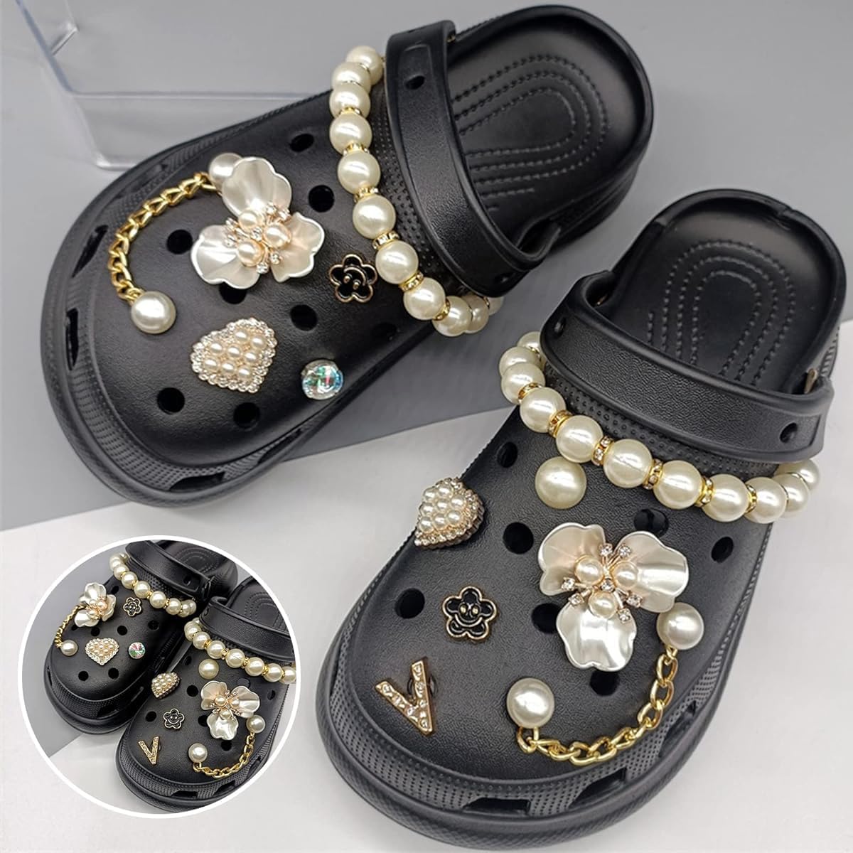 MAYCREATE Shoe Charms for Clog Sandals featuring Flower Pearl Chain Design | 14pcs DIY Accessories for Women
