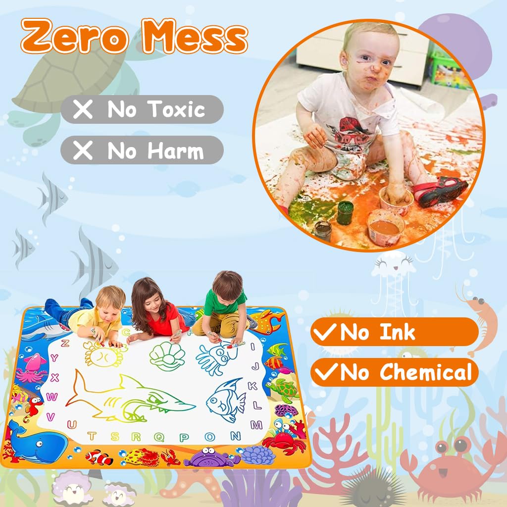 PATPAT Water Doodle Mat for Kids 39.3x27.5 in with Roller Stamps & Templates | Mess Free Drawing Playset