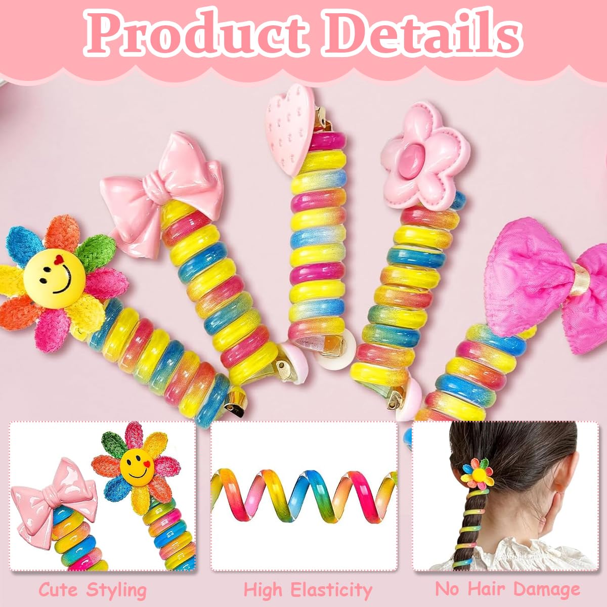 Venzina Hair Ties for Kids with 6.7cm Spiral Wire Design featuring 5 Cute Cartoon Bands | Gift Set
