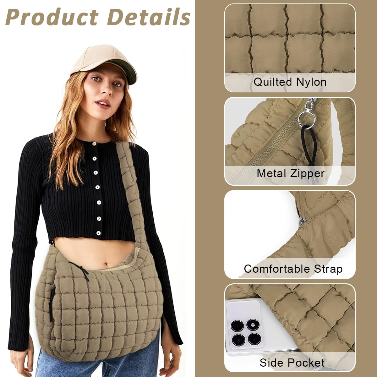PALAY Soft Tote Bag for Work and Travel featuring Quilted Puffy Design in Brown | Versatile Shoulder and Crossbody Carryall