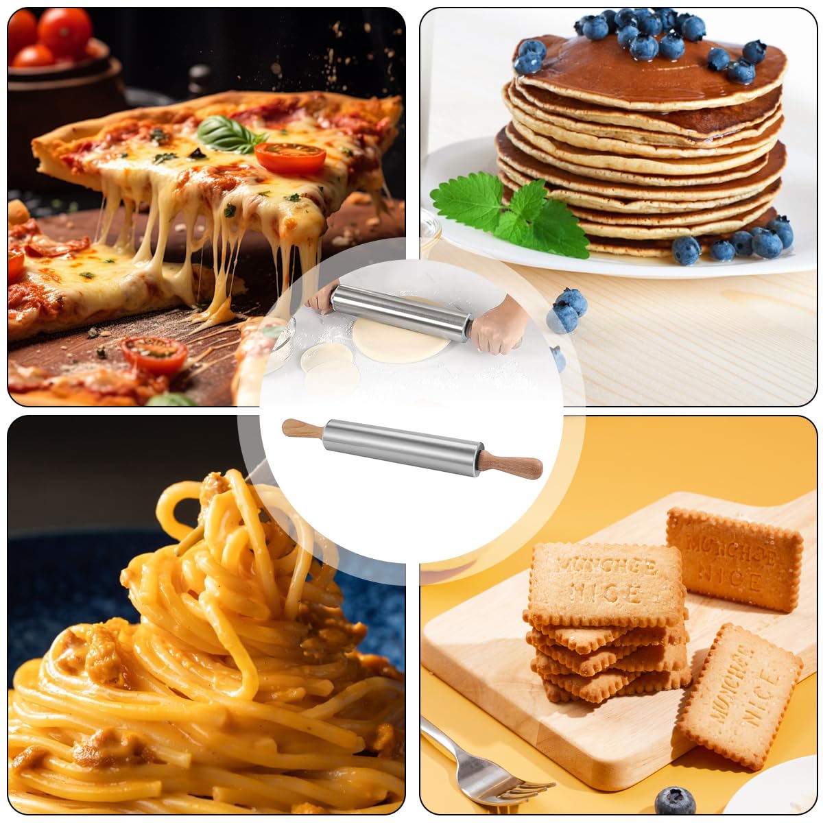 Supvox Stainless Steel Rolling Pin for Baking with Ergonomic Wooden Handles 38cm Long | Non Stick Pastry Tool