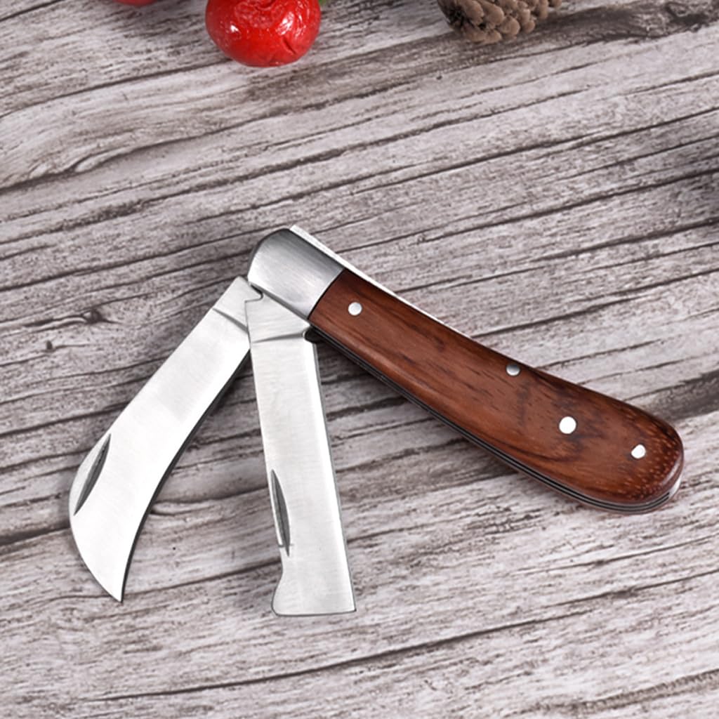 HASTHIP Grafting Knife for Plants with Dual Blade Folding Design and Wooden Handle 2 PCS
