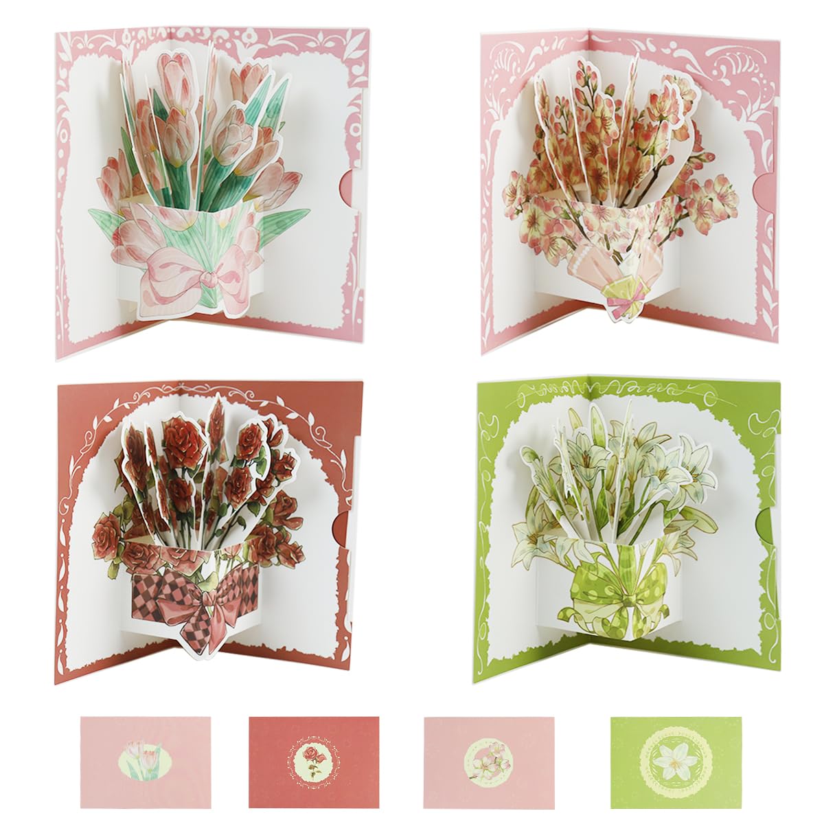 Climberty® 4pcs Mother's Day Gift Cards 3D Tulips Paper Art Floral Gift Greeting Cards Thanks Giving Gift Cards Elegant Rose Sakura Lily Flower Gift Cards for Mother's Day, Birthday Bag, Anniversary