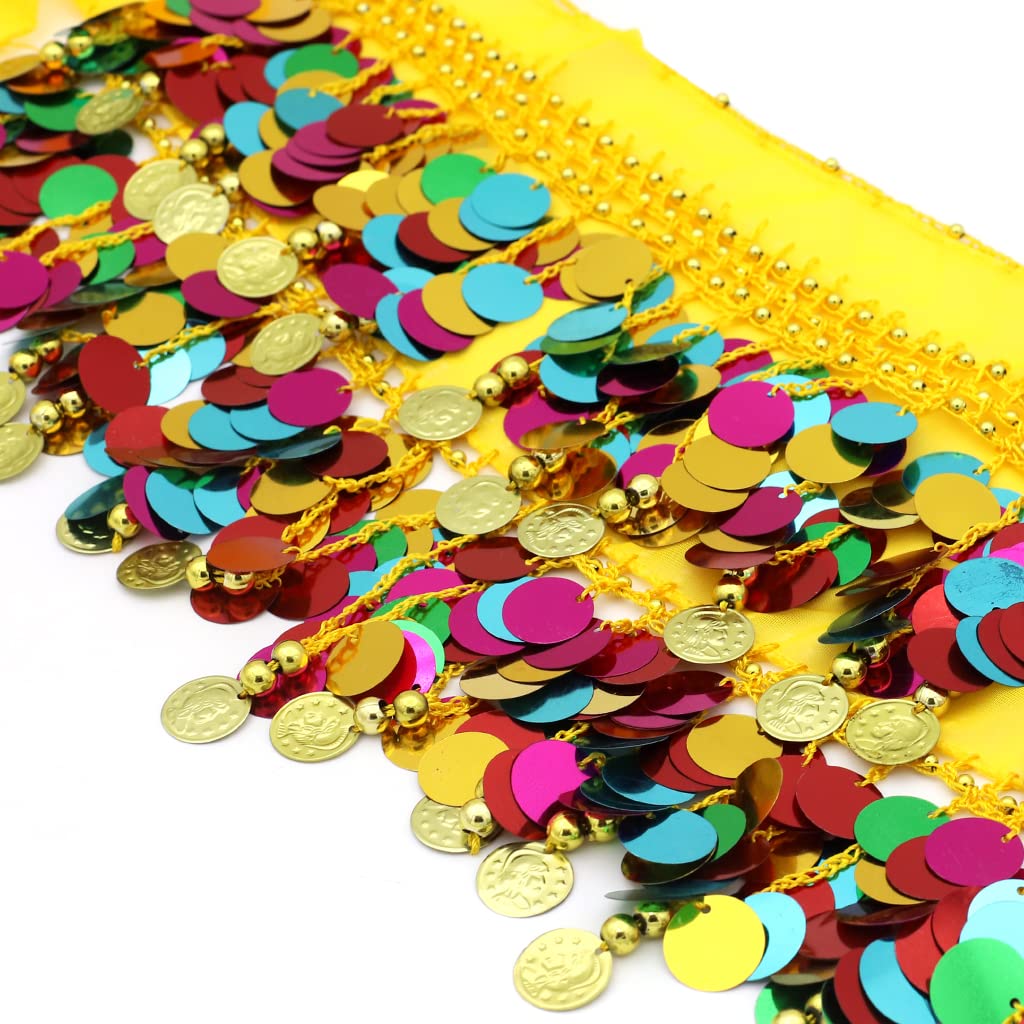 PALAY® Belly Dance Hip Scarf Waistband Belt Belly Dance Skirt Wrap with Colorful Bling Coins Fancy Belly Dance Costume Accessories for Women Girls Yellow