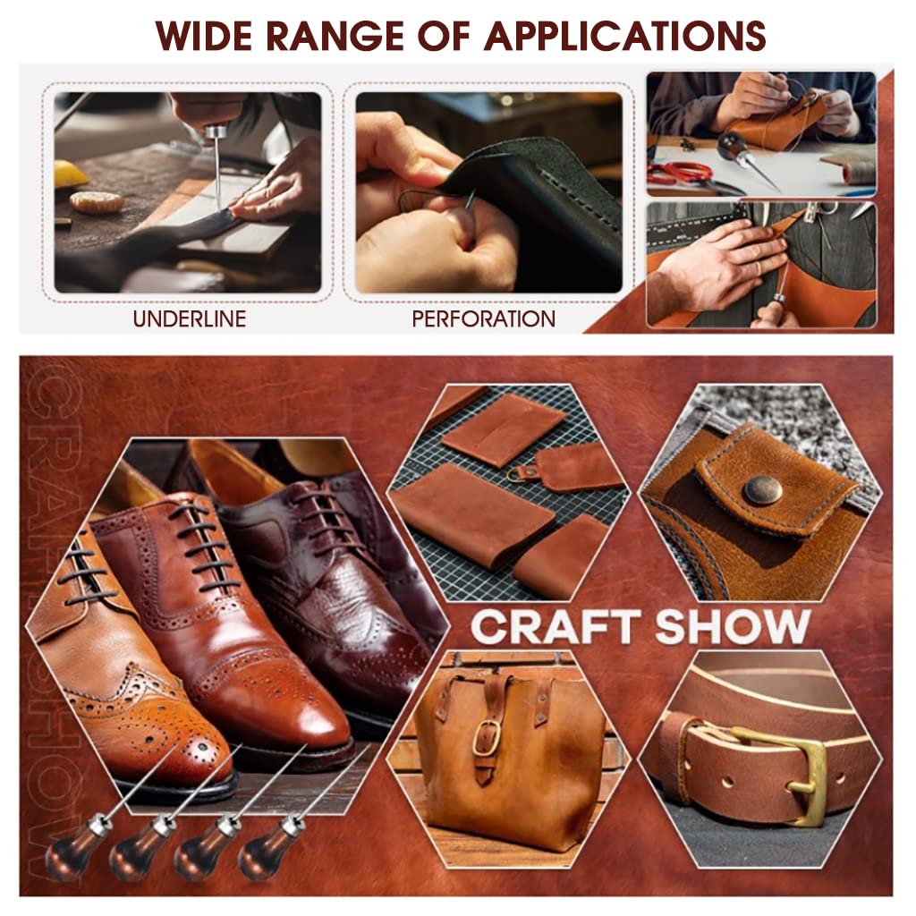 Supvox 4 Pcs Awl Tool, Needles Sewing Awl Hand Stitcher, Gourd Shape Leather Craft Cloth Wooden Handle Scratch Awl Tool, Pin Punching for Canvas Leather Pouch Hole DIY Shoes Repair