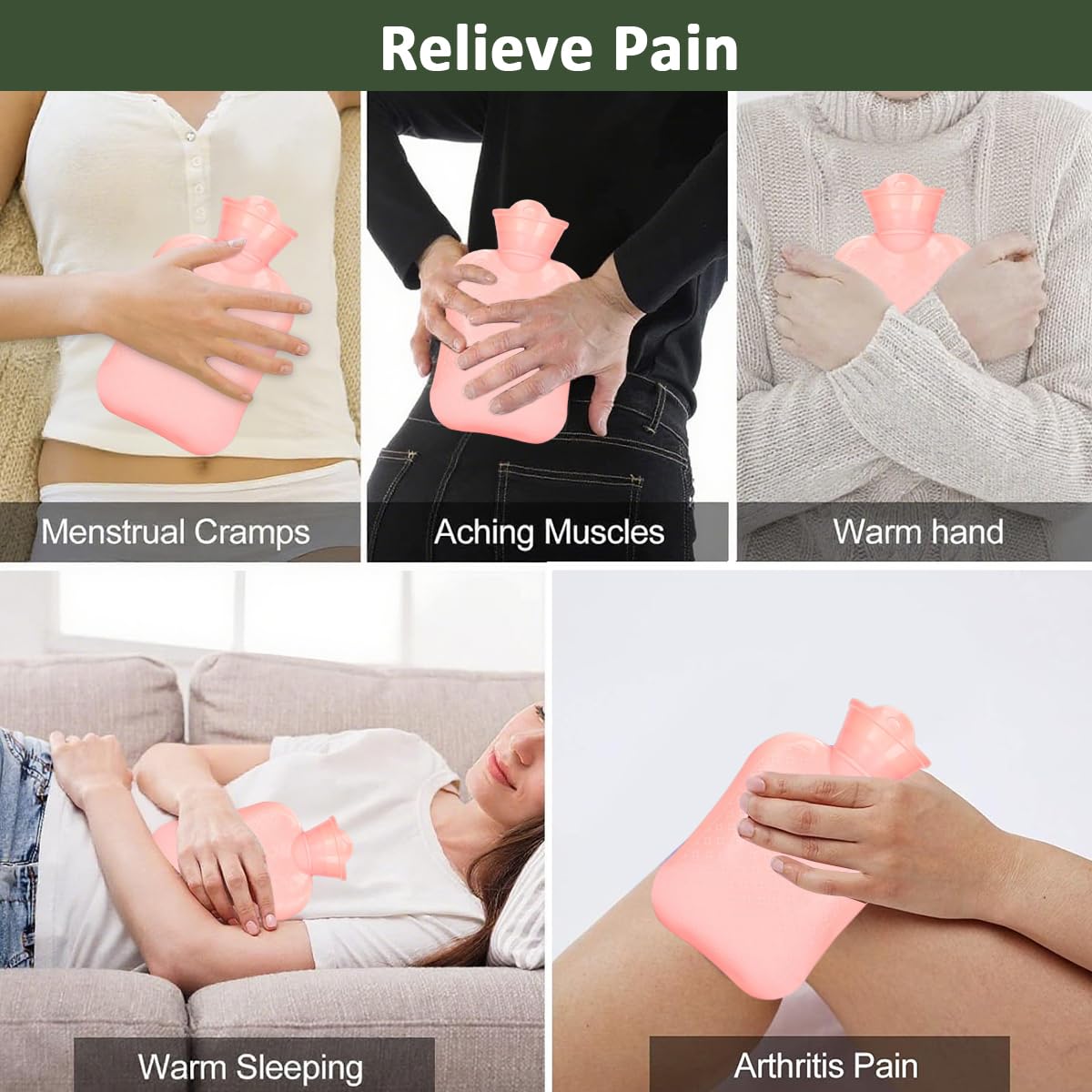 HANNEA Hot Water Bottle for Cramps and Pain Relief featuring Anti Leak Stopper and Soft Green Cover