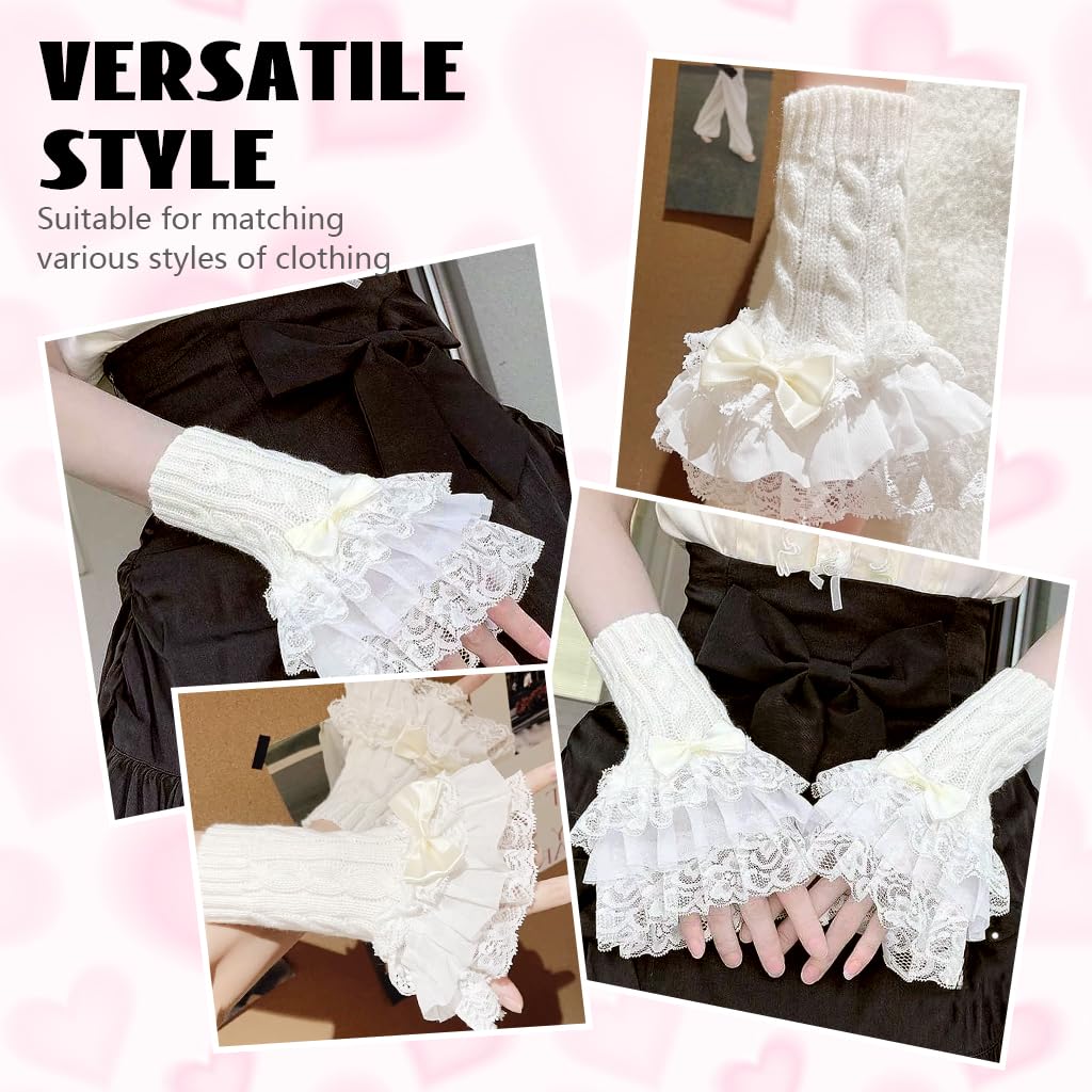 SANNIDHI Lolita Gloves Arm Warmers featuring Lace Trim and Cute Bow Design for Women Girls