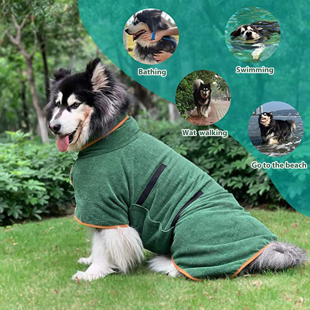 Qpets Velcro Dog Bath Towel for Quick Drying with Adjustable Closure and Soft Microfiber Coat | Green Size M