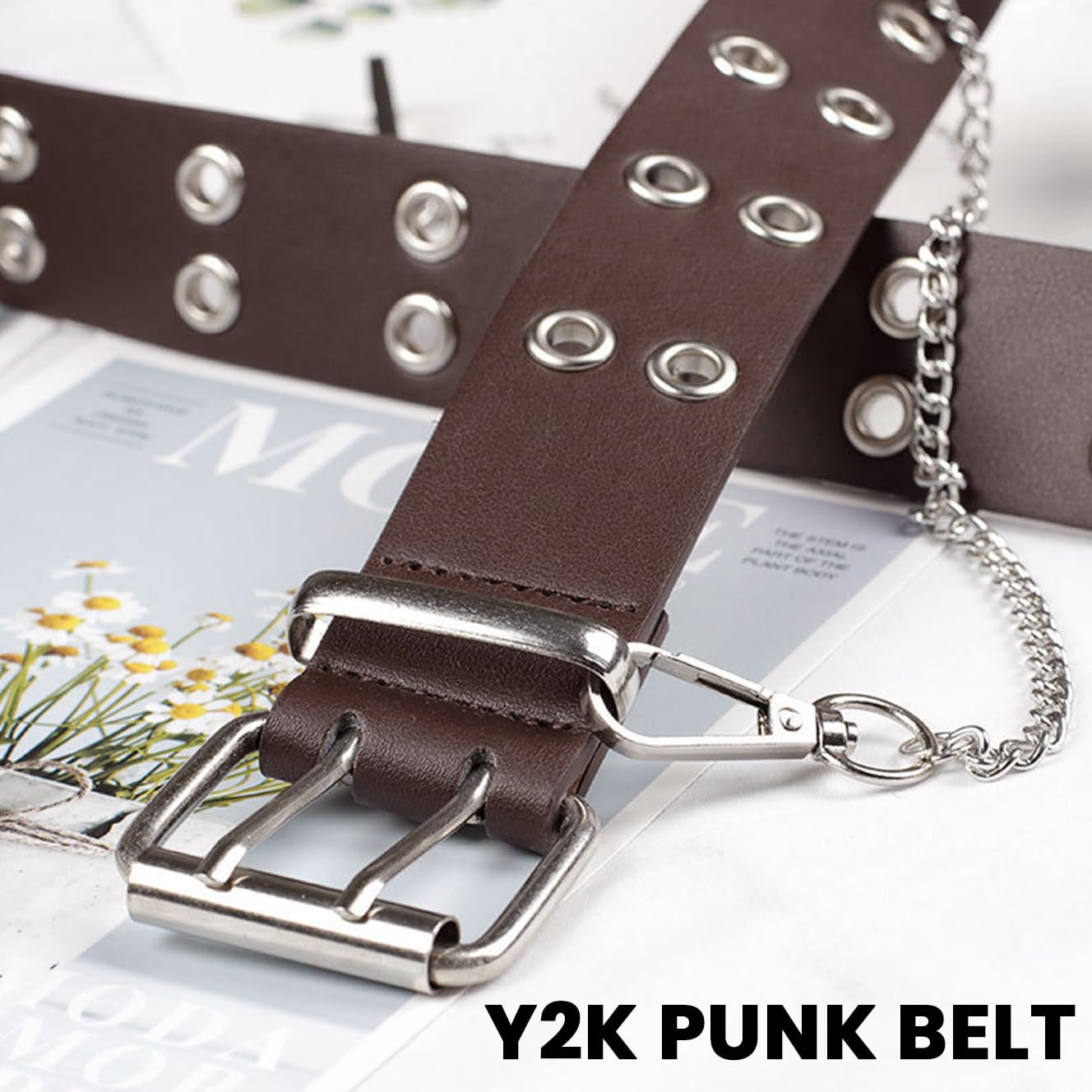 SANNIDHI Belt for Women Dresses with Dual Row Metal Eyelets and Chain Brown PU Leather | Fits Up to 110 cm