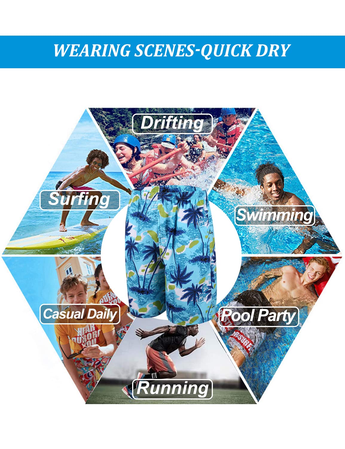 GUSTAVE Swimming Trunk for Men with Quick Dry Polyester and Elastic Waist | Blue XL 50‑65kg