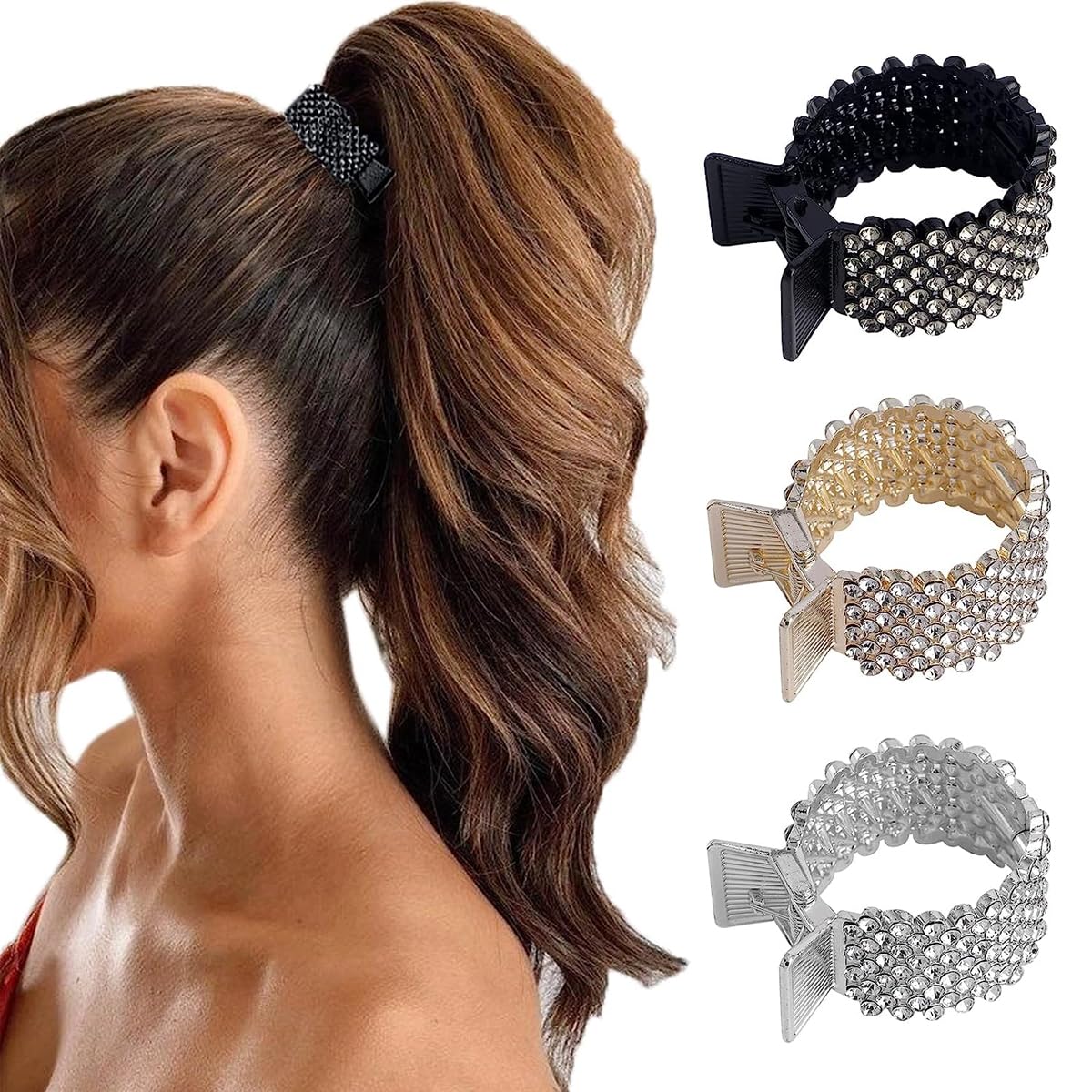 PALAY® 3Pcs Hair Claw Clips for High Ponytail, Small Metal Rhinestone Hair Clips Ponytail Holder Buckle for Thick Long Hair, Decorative Hair Accessories for Women Girls (Black+Gold+Silver)