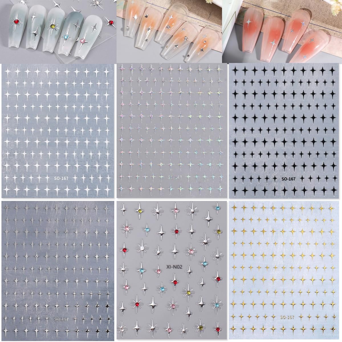 MAYCREATE Star Nail Stickers for DIY Nail Art with 3D Galaxy Stars Design | 6 Sheets Set