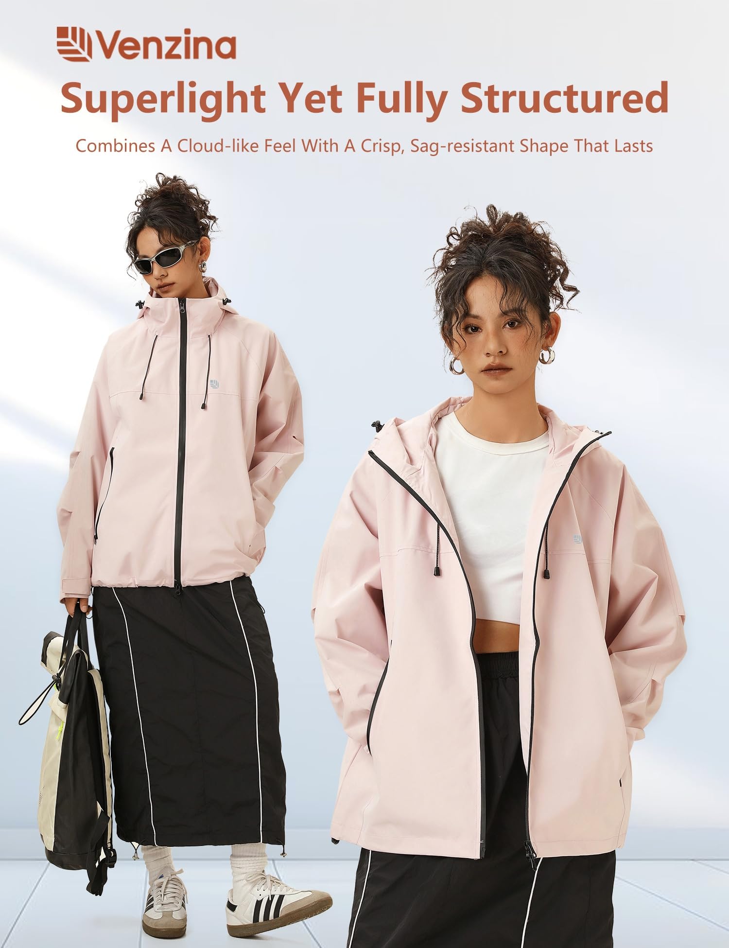 Venzina Women's Waterproof Jacket for Travel and Commuting with 75D Fabric | Windproof Hooded Trench Coat Pink