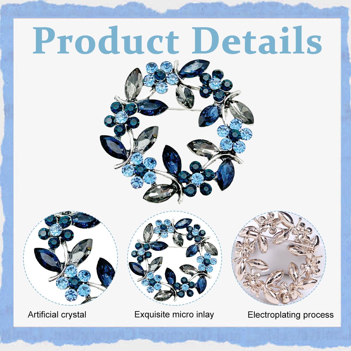 SANNIDHI Flower Brooch Pin for Women featuring Blue and Grey Rhinestone Wreath Design