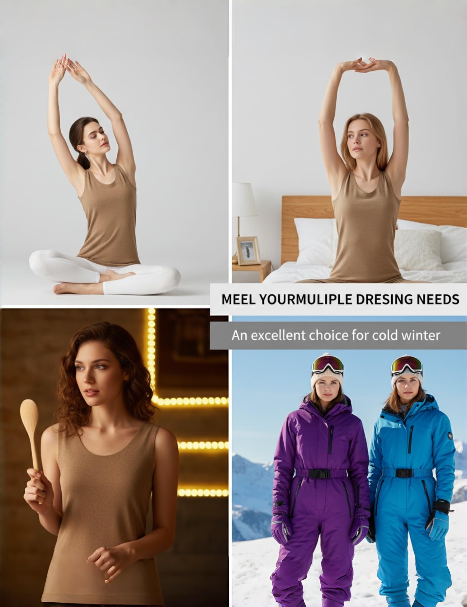 Venzina Women’s Seamless Thermal Vest for Winter Layering with Double‑Sided Fleece | Khaki L