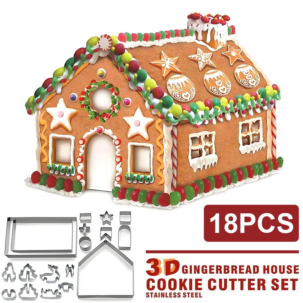 HASTHIP 18PCS 3D Christmas Cookie Cutters for DIY Gingerbread House with Santa House Design | Fun Holiday Baking Tool Set