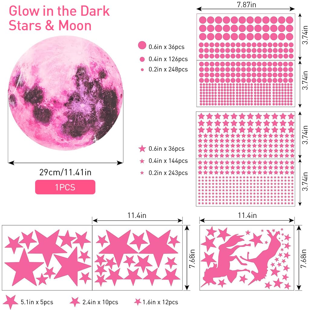 HASTHIP Glow in The Dark Unicorn Wall Decals for Kids Room with 893 Stickers | Luminous Pink Moon and Stars Decor