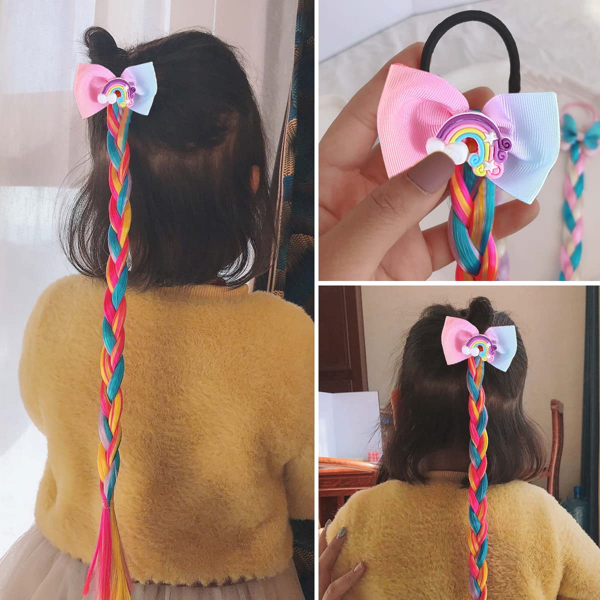 SANNIDHI Hair Extensions for Kids with Rubber Band Bows and Glitter Braids | 6PCS Synthetic Ponytails