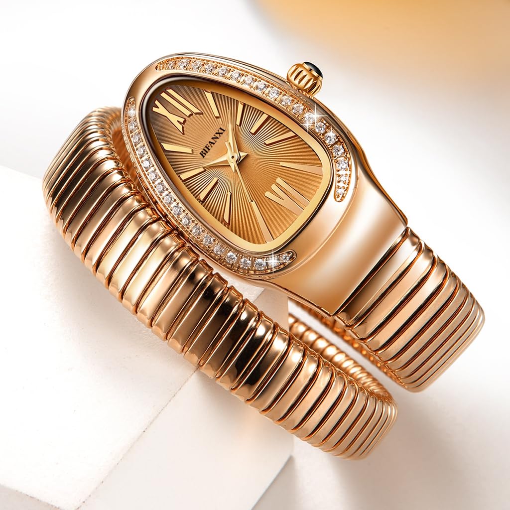 SANNIDHI Serpentine Wrap Wristwatch for Women with Quartz Movement and Rose Golden Coiled Stainless Steel Bracelet | 3 PCS Jewelry Gift