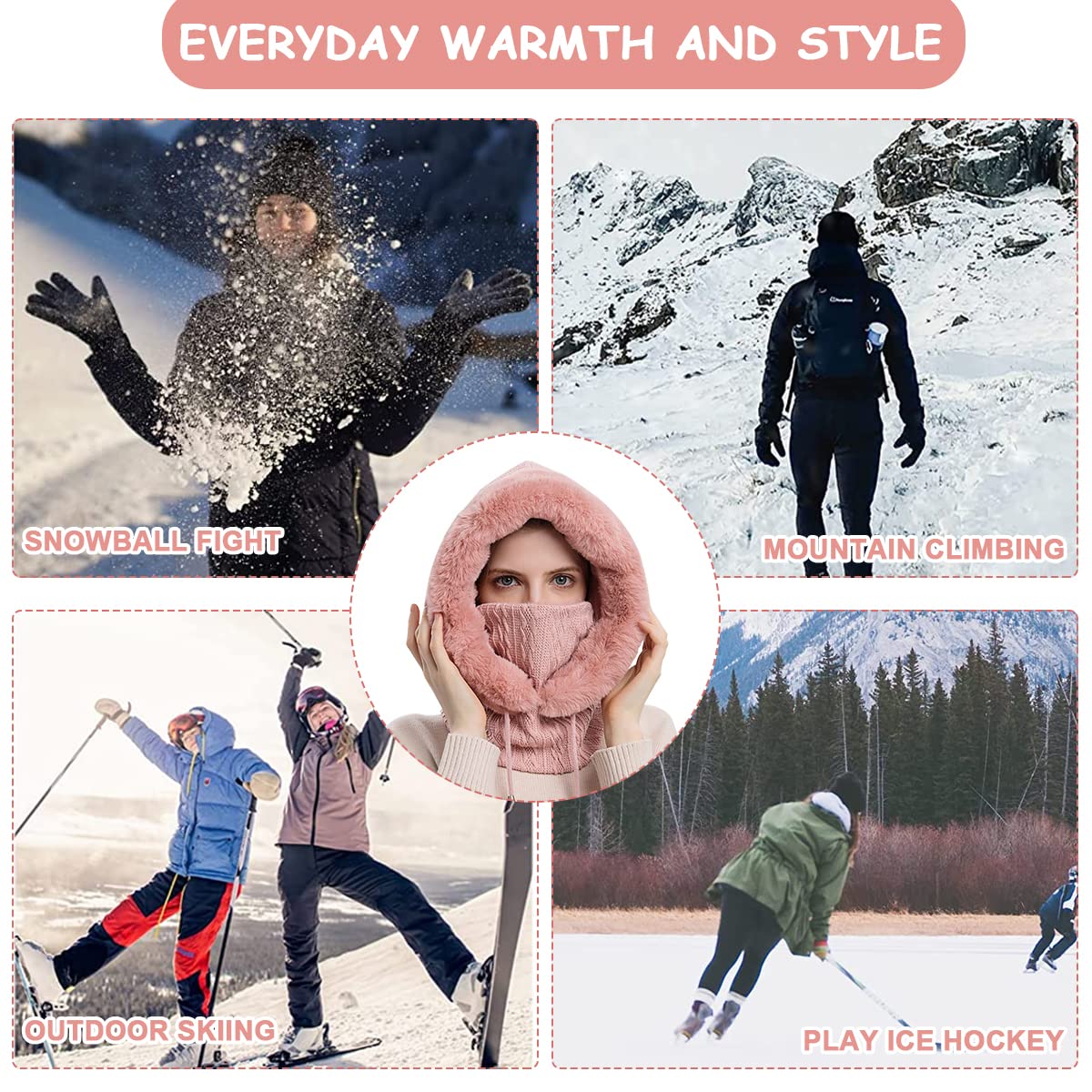 PALAY Winter Cap for Women featuring 35cm Hood Height with Fleece Lined Neck Scarf & Mask | Pink